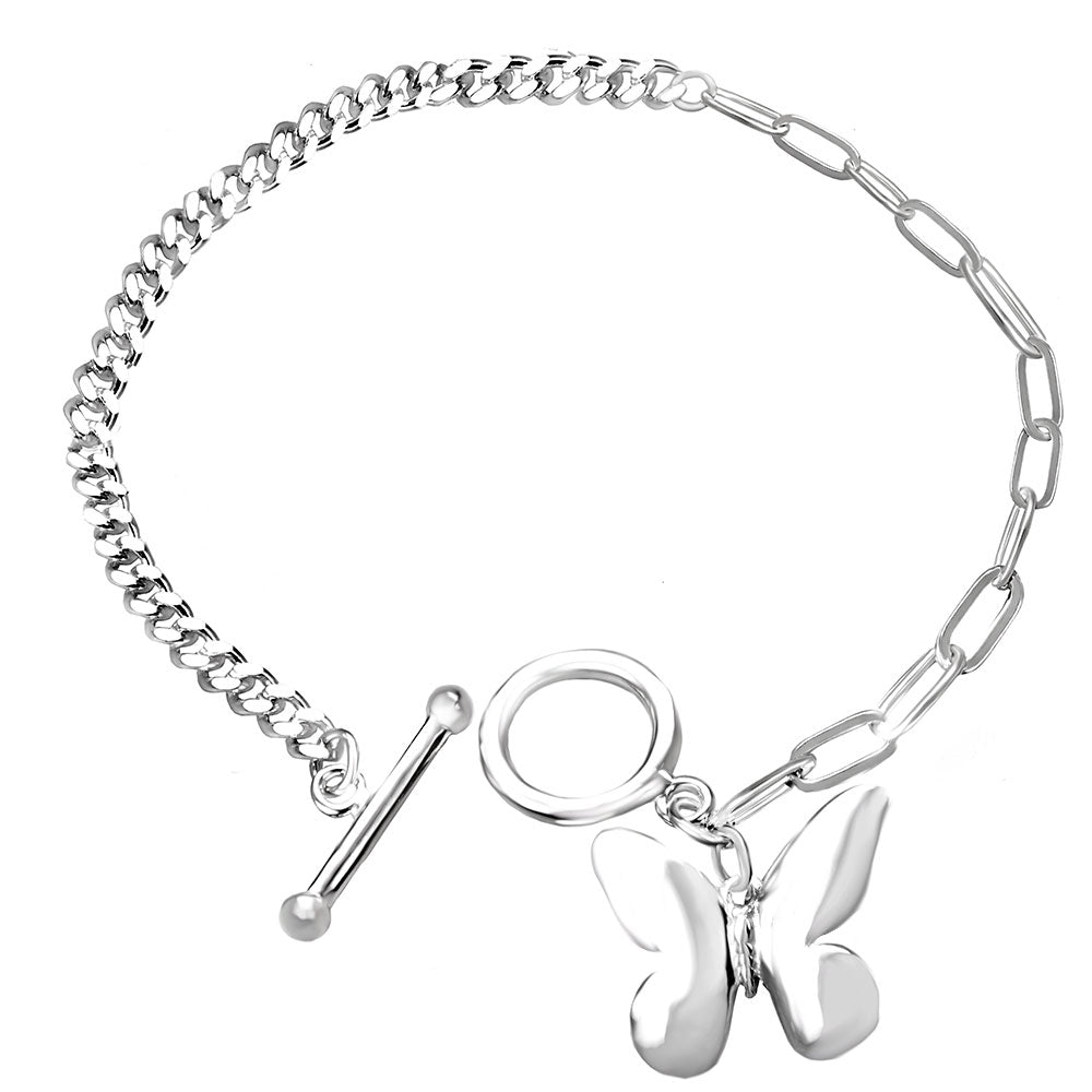 Curb and Paperclip Chain Bracelet with Butterfly Charm