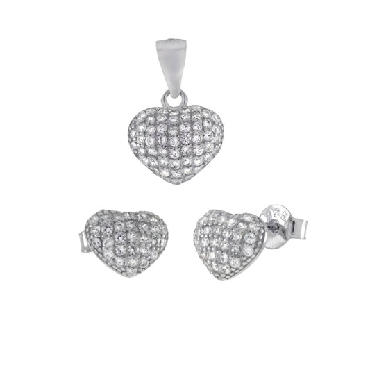 Puffy Micro Paved Heart Earrings Pendant Set