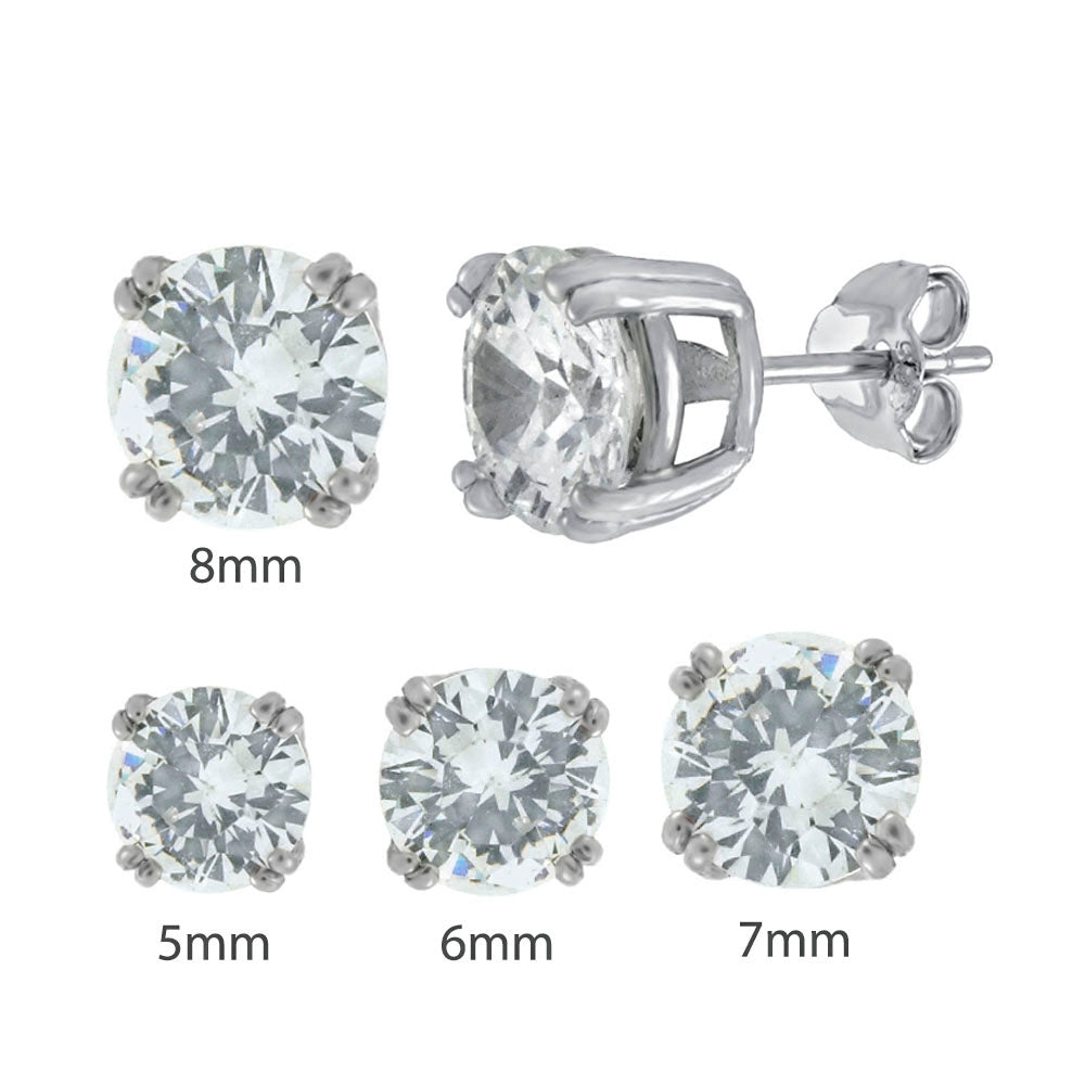 Sterling Silver Round CZ W 4 Double Prongs Rhodium Stud Earrings