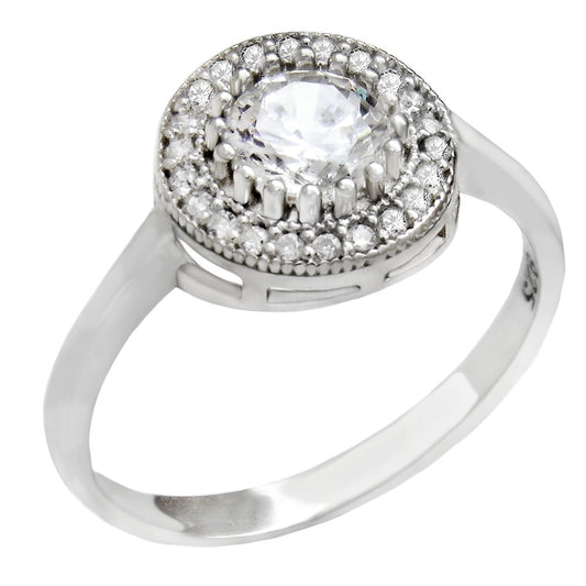 7mm Round Halo CZ Sterling Silver Engagement Ring