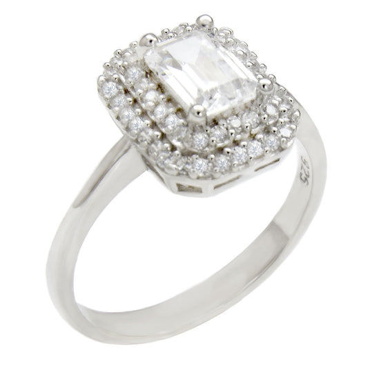 Emerald Cut and Double Halo Cubic Zirconia Engagement Ring