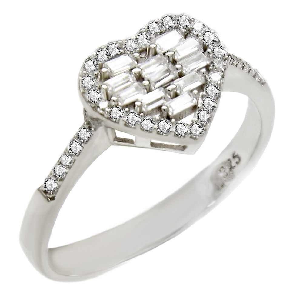 Round Baguette CZ Heart Shape Sterling Silver Ring