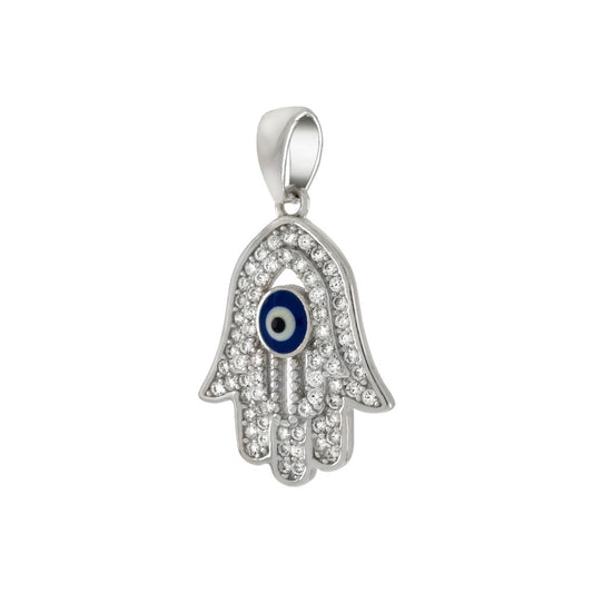 Sterling Silver Hamsa Evil Eye Pave CZ Pendant