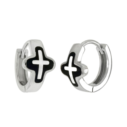 Black Enamel Cross Huggie Earrings