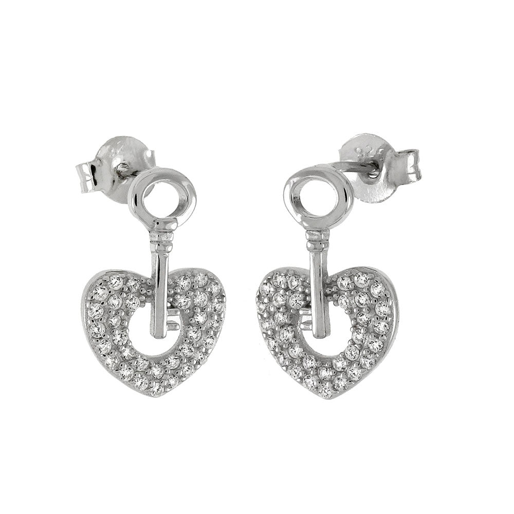 Pave CZ Heart Key Post Earrings