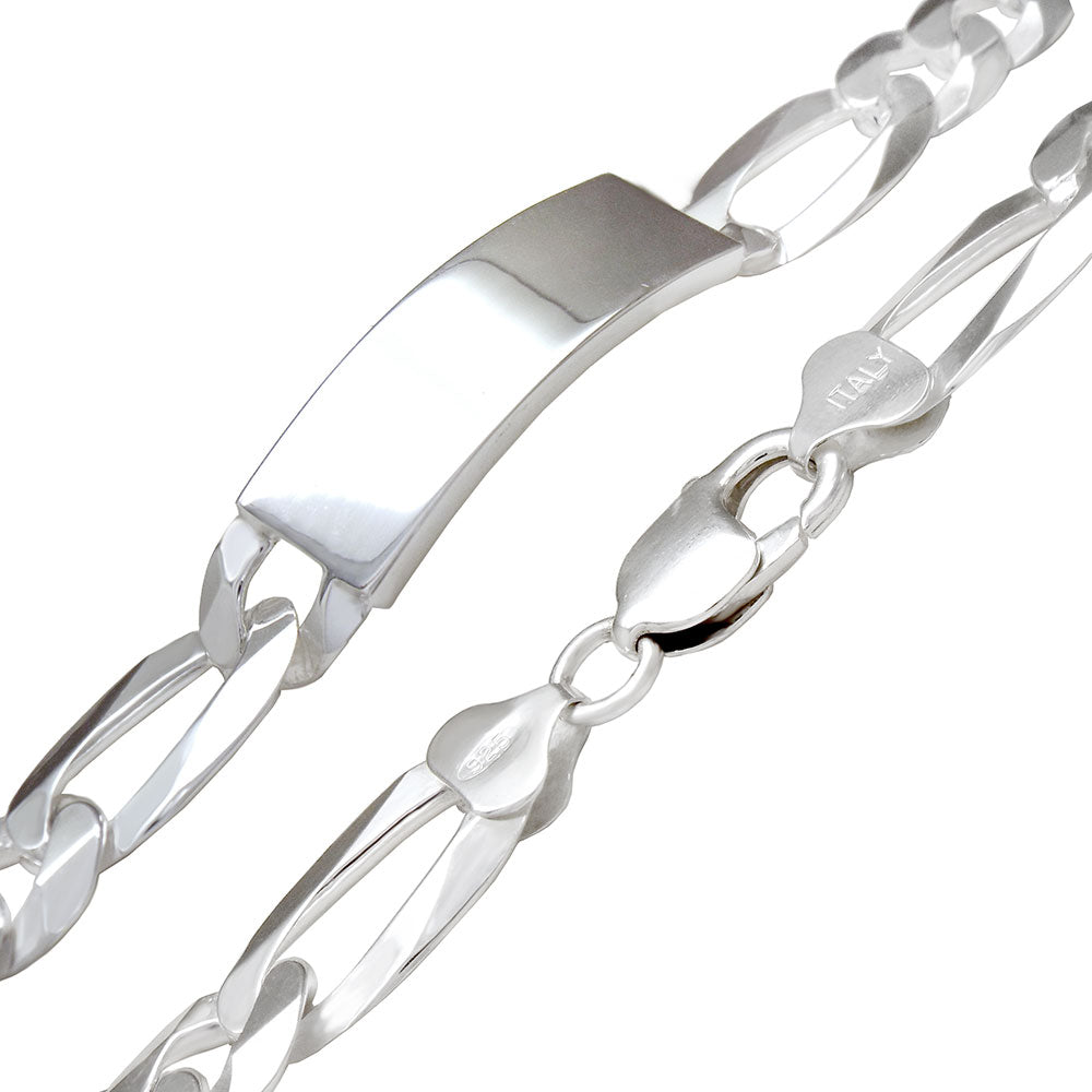 8mm flat figaro chain sterling silver men's identity bracelet