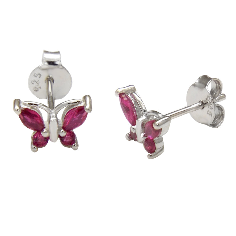 Butterfly Ruby Red CZ Rhodium Stud Earrings