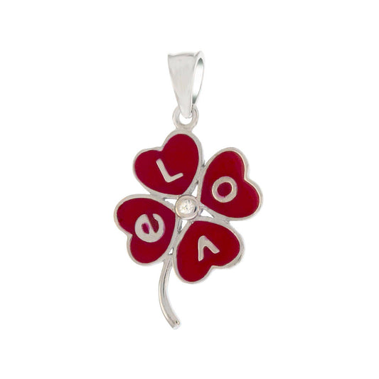 Sterling Silver Red Enamel W White CZ 4 Clover Leaf Pendant