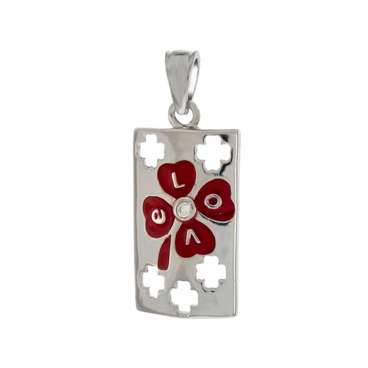 Sterling Silver Red Enamel Clover Leaf On Rectangle Tag Pendant