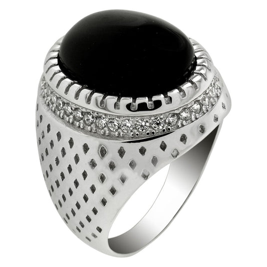 Oval Black Onyx Cubic Zirconia Rhodium Ring