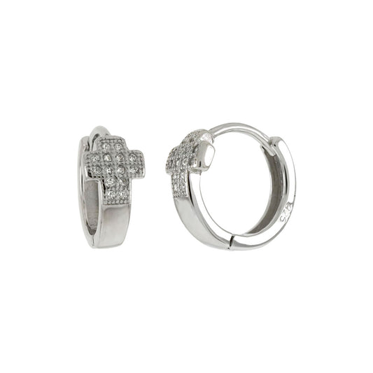 Sterling Silver Cubic Zirconia Cross Huggie Hoop Earrings