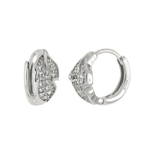 Sterling Silver Cubic Zirconia Leaf Huggie Hoop Earrings