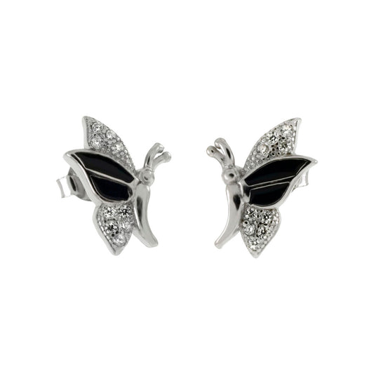 CZ Black Enamel Butterfly Stud Earrings