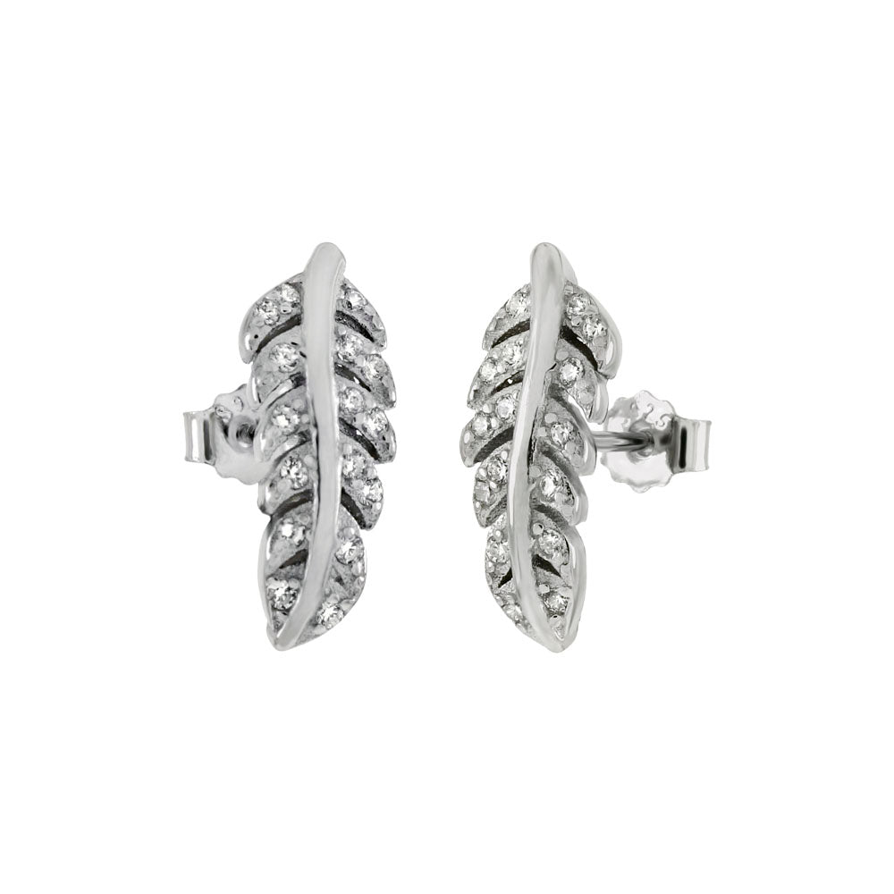 Sterling Silver Cubic Zirconia Feather Stud Earrings