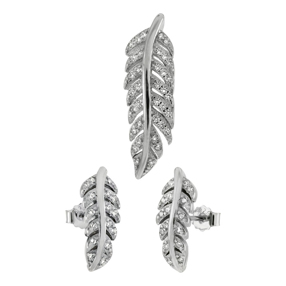 Cubic Zirconia Feather Earring Pendant Set