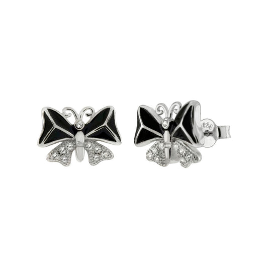 CZ Black Enamel Butterfly Stud Earrings