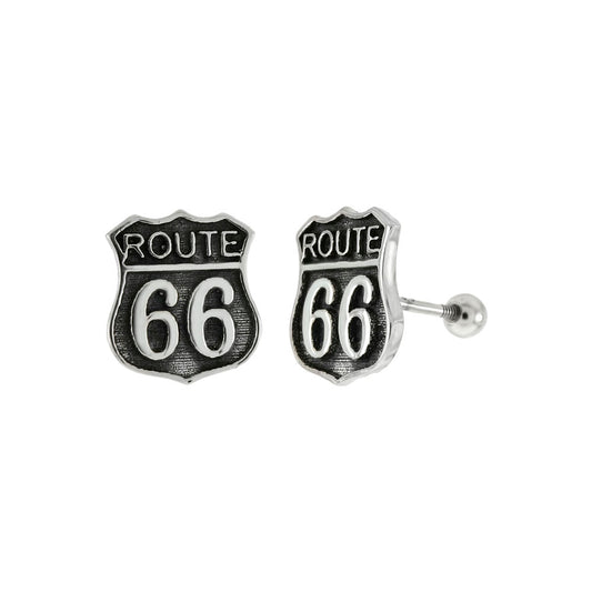 Sterling Silver Oxidized ROUTE 66 Sign Ball Screw Back Stud Earrings