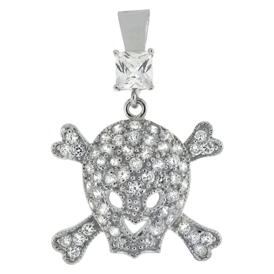 Sterling Silver Skull Crossbones CZ Pendant