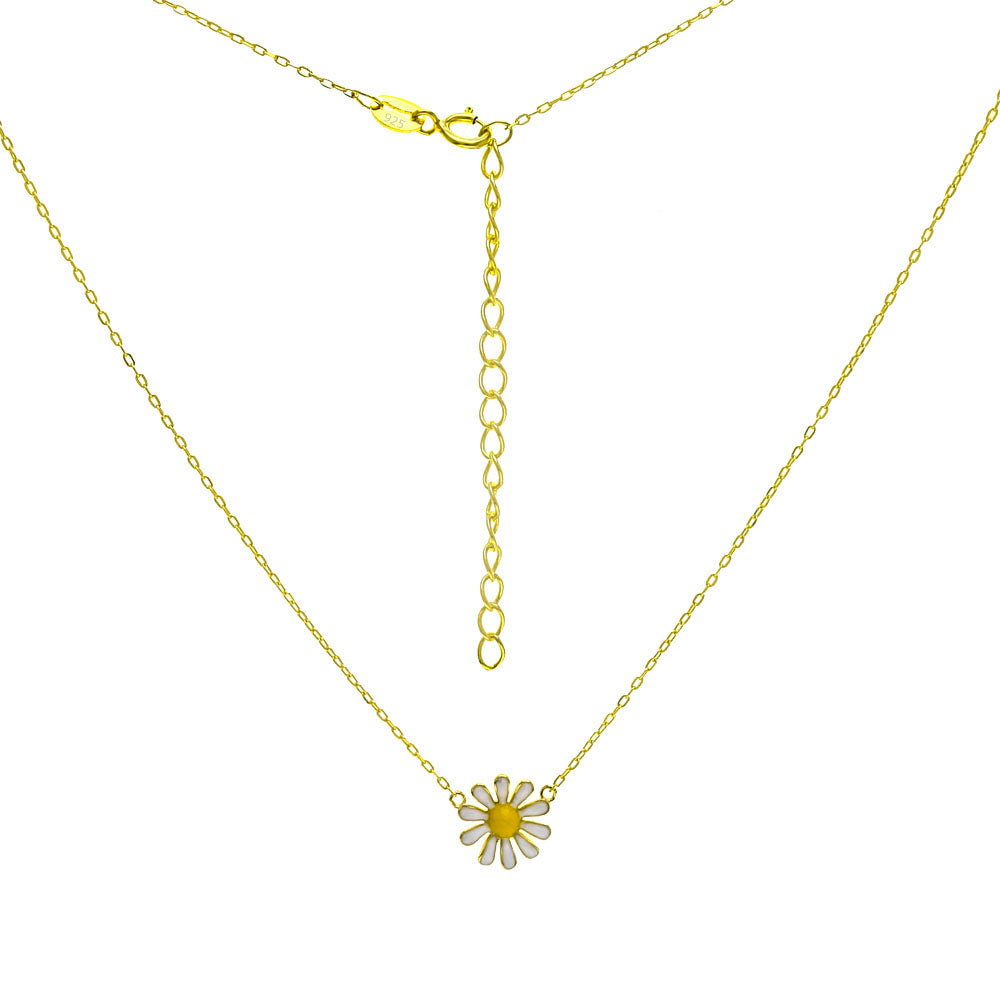 Sterling Silver Cable D C Gold Plated Chain Necklace W Enamel Daisy Flower