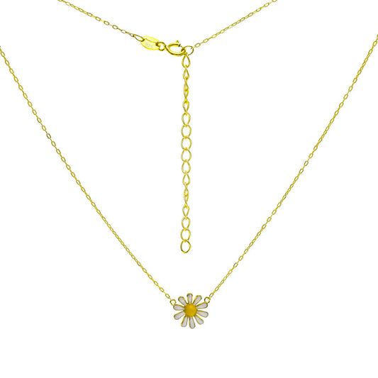 Sterling Silver Cable D C Gold Plated Chain Necklace W Enamel Daisy Flower