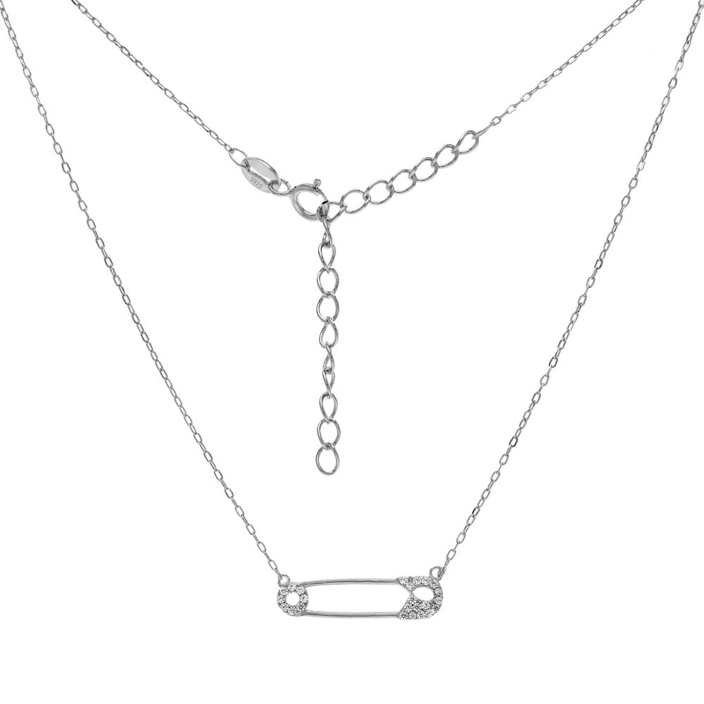 D C Chain W Cubic Zirconia Safety Pin Rhodium Necklace