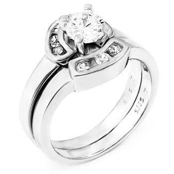 Sterling Silver 6mm Round Cubic Zirconia 2 Rings Set