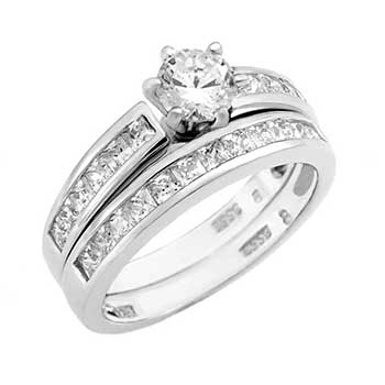 Sterling Silver 6mm Round Cubic Zirconia Princess Cut CZ Wedding Ring Set