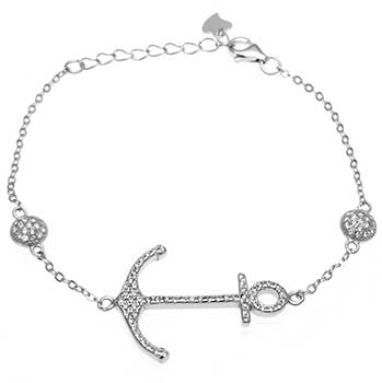 adjustable sterling silver charm bracelet with pavé-set anchor charm