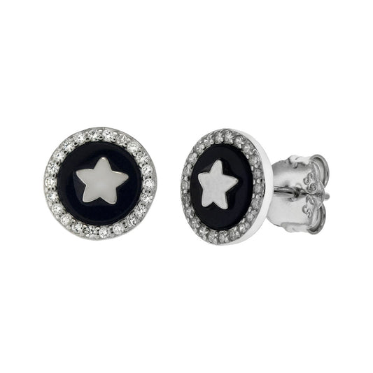 Sterling Silver Rhodium Star On Black Onyx W CZ Stud Earrings