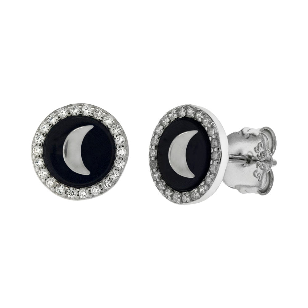 Crescent Moon On Black Onyx W CZ Stud Earrings