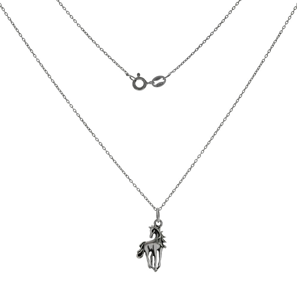 Italian Sterling Silver Rhodium Cable Chain W Horse Charm Pendant Necklace