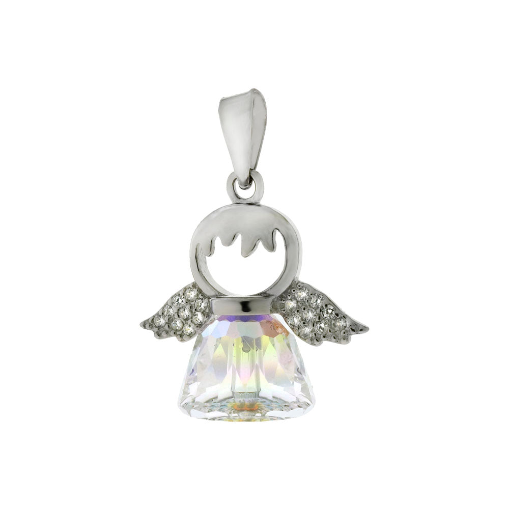 Rainbow Crystal Angel W Pave Cubic Zirconia Sterling Silver Pendant