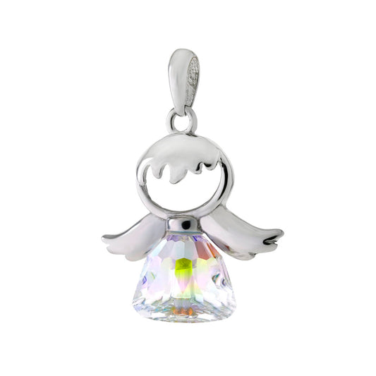 Rainbow Crystal Angel Sterling Silver Rhodium Pendant