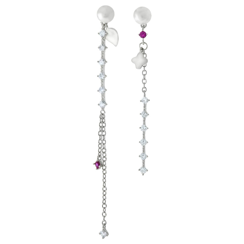 Freshwater Pearl W Cubic Zirconia Mix Matched Dangle Earrings in Sterling Silver