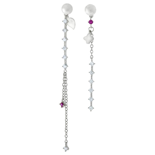 Freshwater Pearl W Cubic Zirconia Mix Matched Dangle Earrings in Sterling Silver