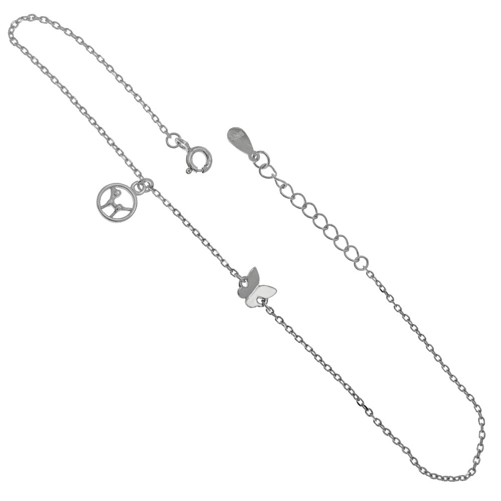 Diamond Cut Rolo Silver Chain Anklet - Butterfly & Dog Charms