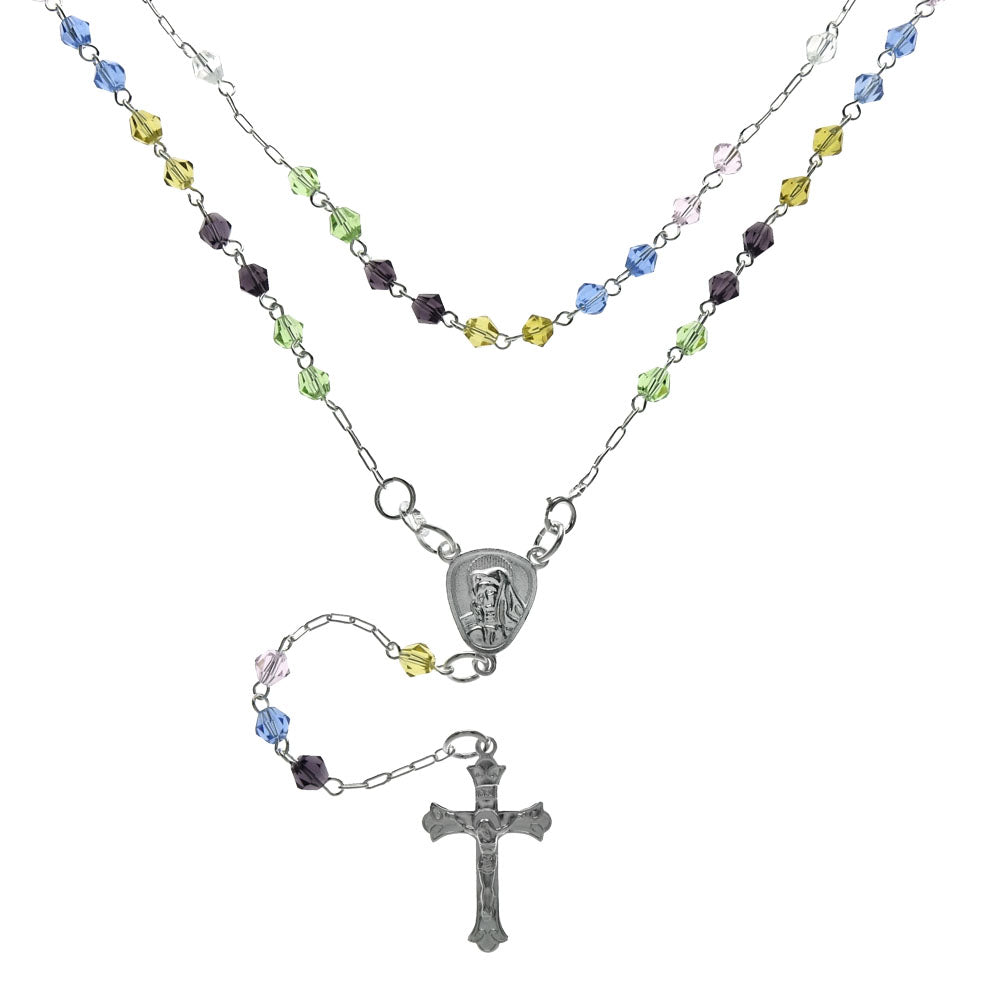 Sterling Silver Multi Color Crystal Rosary Necklace