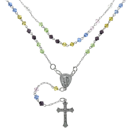 Sterling Silver Multi Color Crystal Rosary Necklace