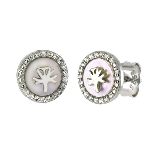 Sterling Silver Leaf On Pearl Shell CZ Stud Earrings