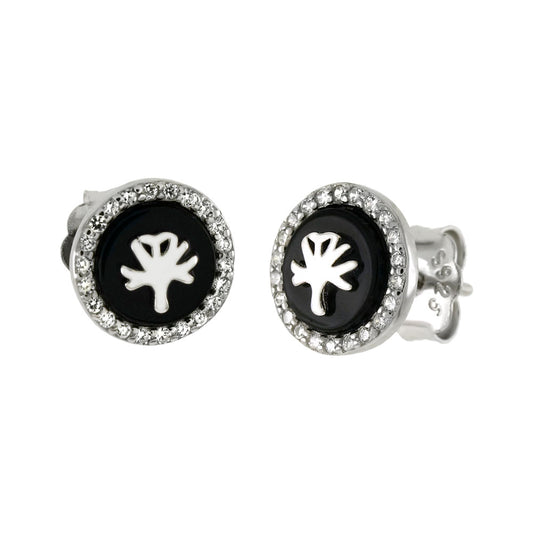 Sterling Silver Leaf On Black Onyx CZ Stud Earrings