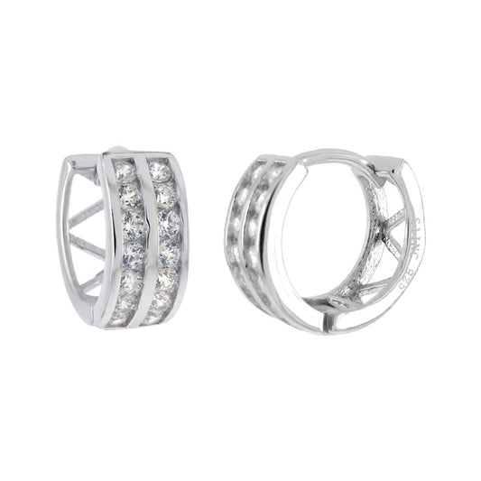 2 Lines CZ Huggie Sterling Silver Rhodium Hoop Earrings