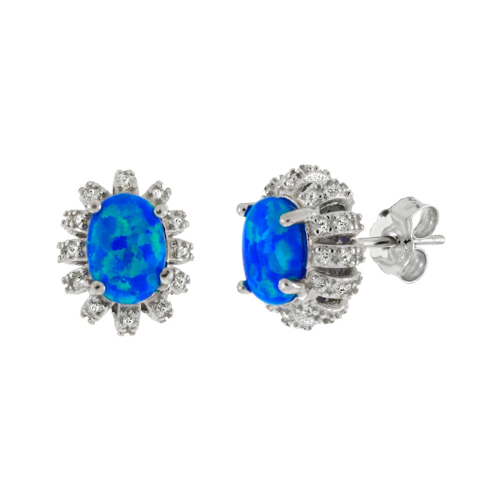 Simulated Oval Blue Opal W CZ Stud Earrings