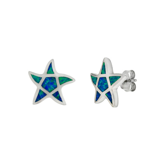 Sterling Silver Star Simulated Blue Opal Inlay Stud Earrings