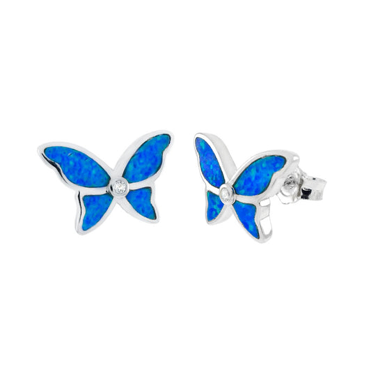 Sterling Silver Simulated Blue Opal Butterfly Stud Earrings