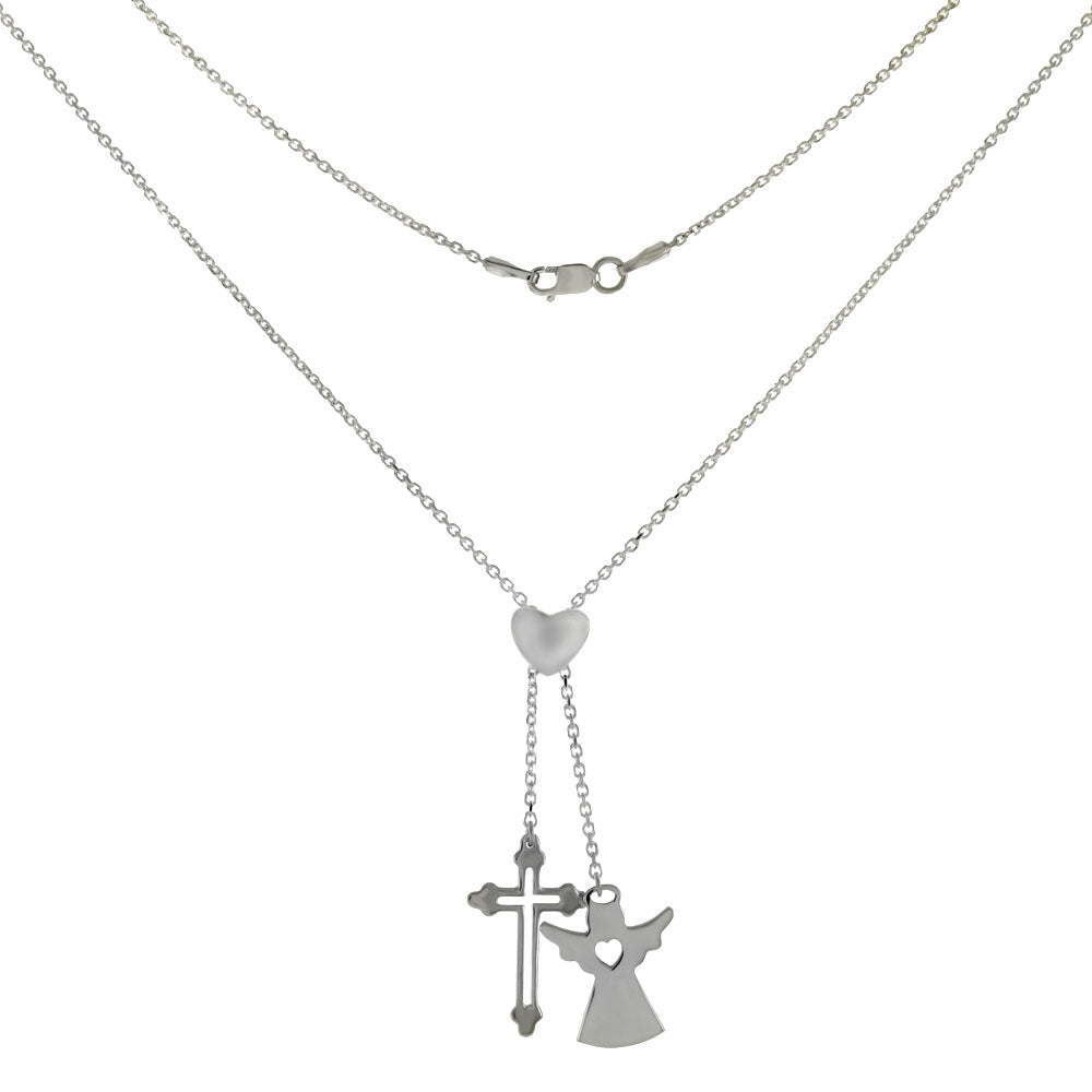 Dangle Cross Angel W Sliding Heart Adjustable Necklace