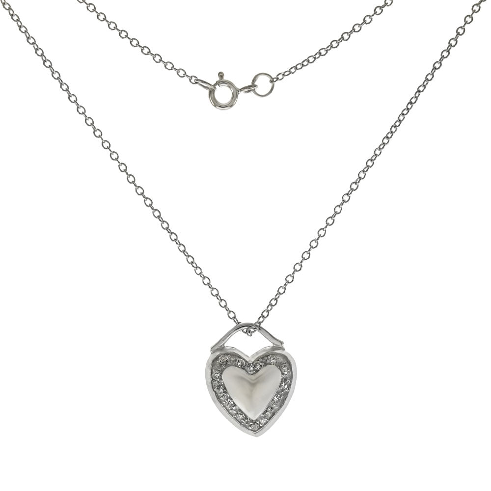 Sterling Silver Rolo W CZ Heart Pendant Necklace