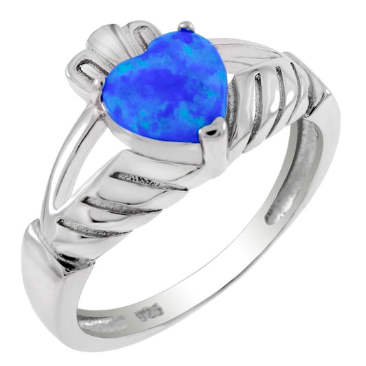 Sterling Silver Simulated Blue Opal Claddagh Ring