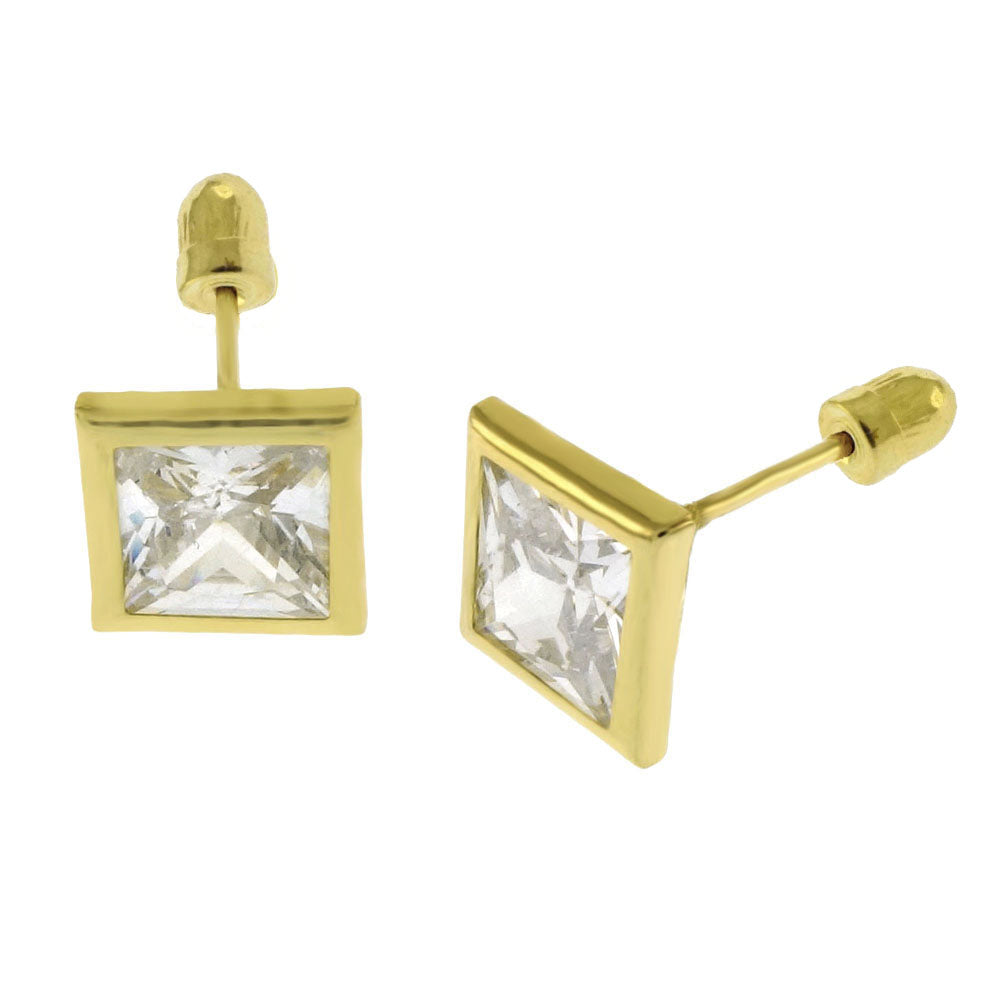 14K Gold Square CZ Bezel Set W Screw Back Stud Earrings