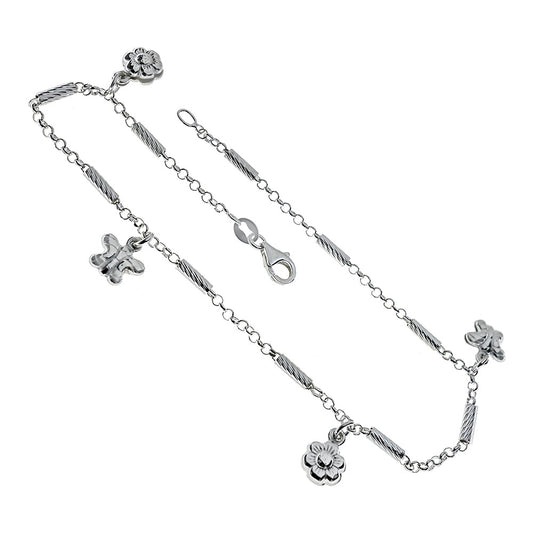 sterling silver ankle bracelet - butterfly and flower charms