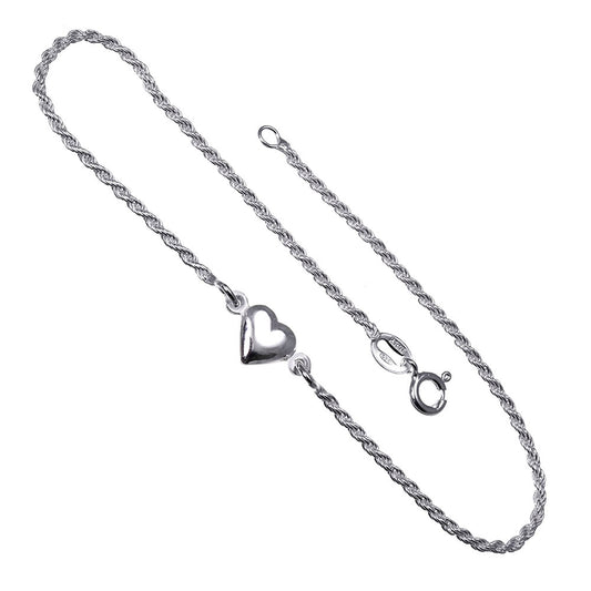 puff heart charm silver rope chain anklet